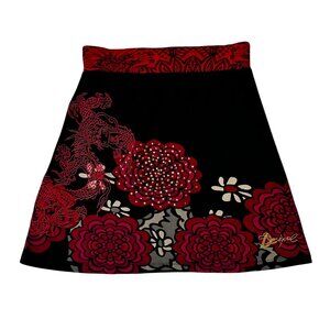 Desigual Y2K Dragon Flower Pull On A-Line Skirt Size M Black Red Embroidered